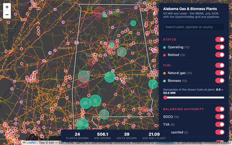 Map of small Alabama gas and biomass plants with grid and pipeline layers