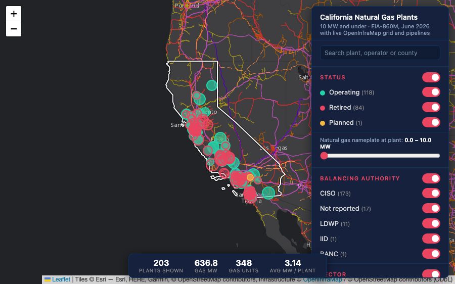 Map of small California natural gas plants with grid and pipeline layers