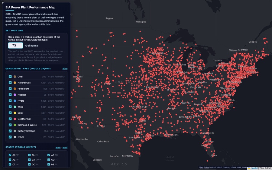 Map of US power plants flagged for low 2025 output against their own fuel type