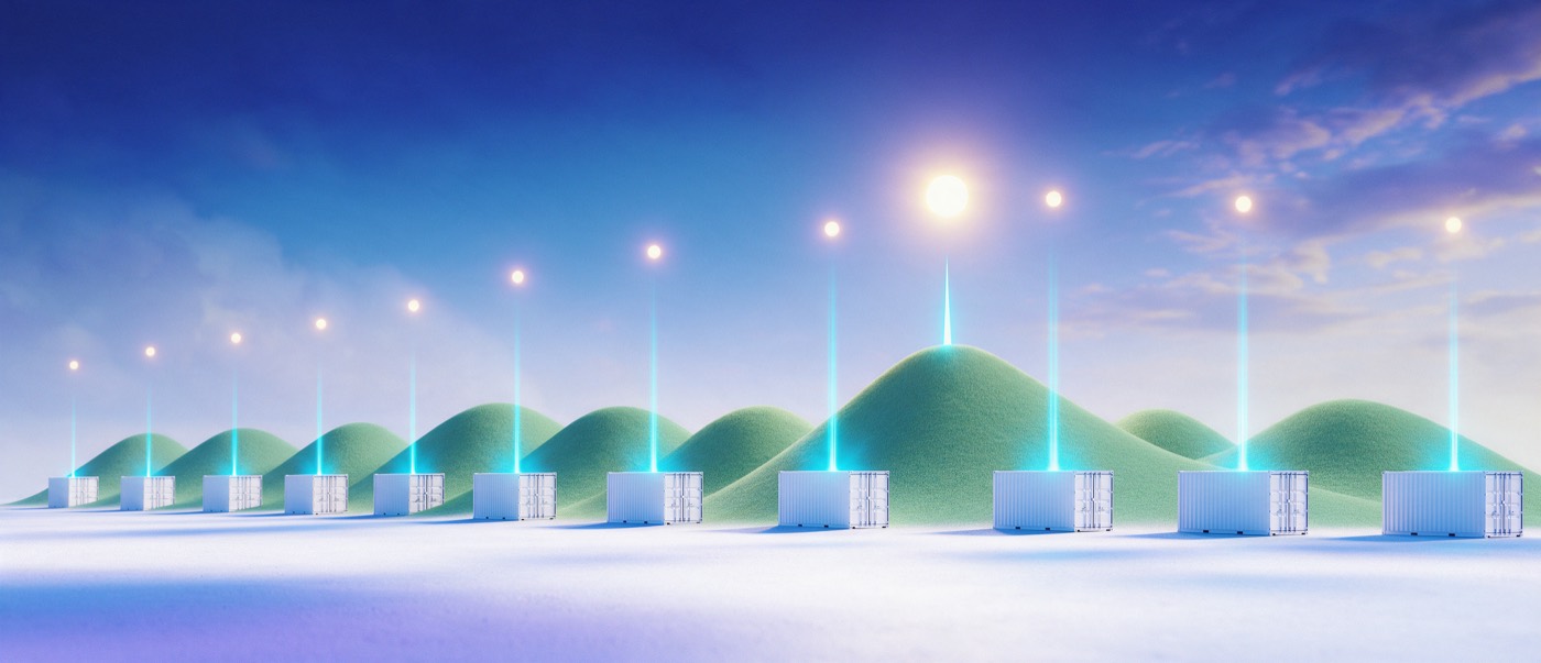 A row of twelve hills under twelve suns, one battery at the base of each, every battery sending up the same beam; one hill is taller with the brightest sun